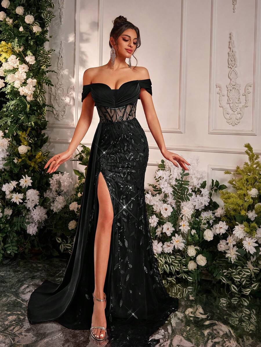 Glamrae Elegant Luxurious Off The Shoulder Gown With Embroidery, Sequins, Slit, Ruched, Side Flutter Hem, Suitable For Wedding, Party, Prom, Formal Occasion, Heavyweight Version, For Evening, Wedding Guest