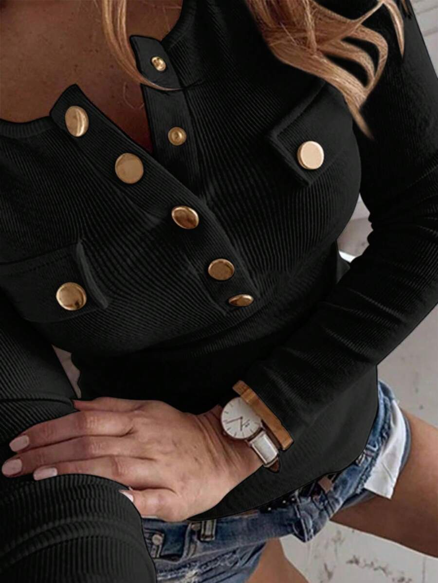 INAWLY Maglietta a maniche lunghe aderente, casual, con collo quadrato semi-aperto, decorata con bottoni in metallo