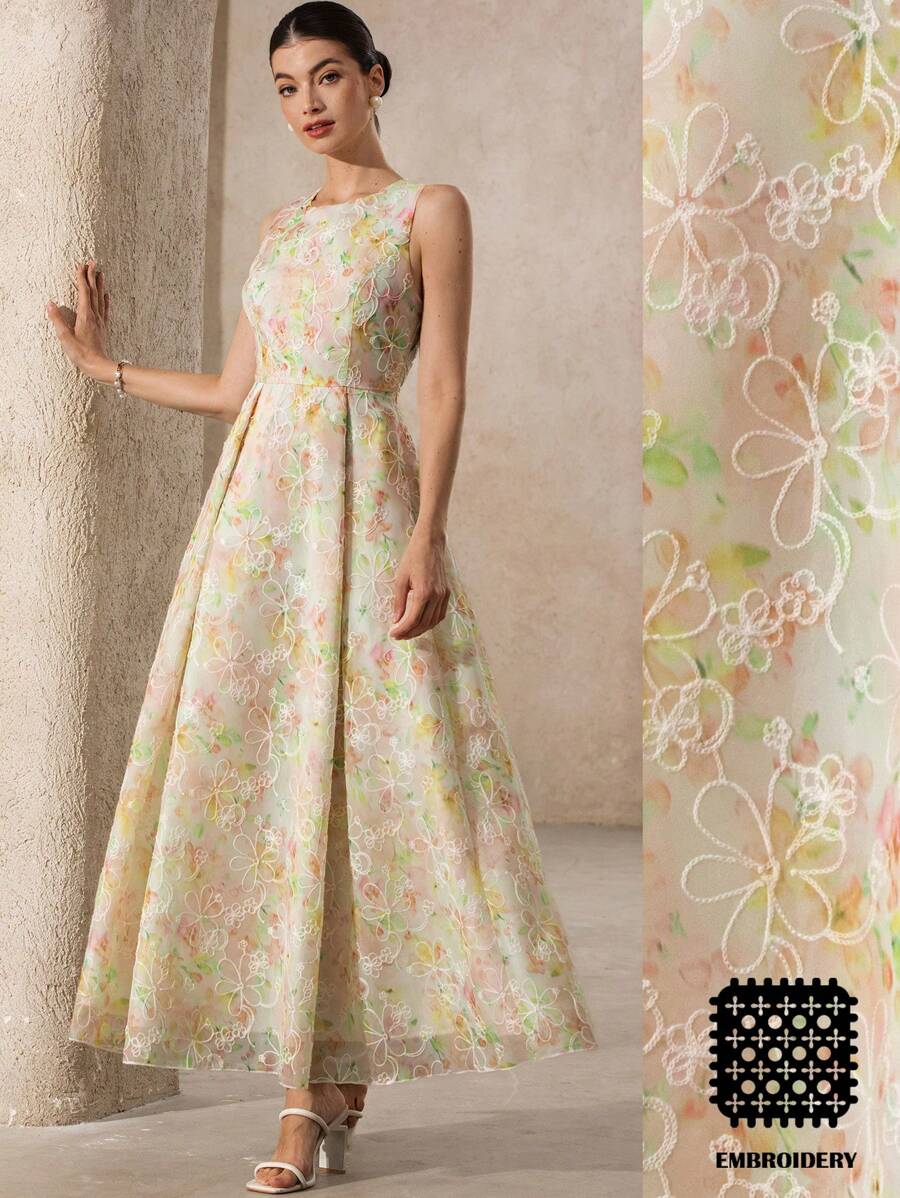 Aveloria Rosie New Elegant Romantic French Style Oversized Waist Drawstring Sleeveless Dress, Women Vintage Exquisite Dye Printing 3D Embroidery Long Dress