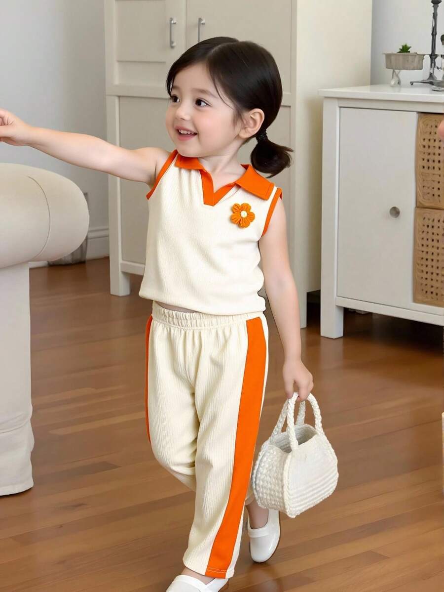 SHEIN 2pcs/Set Girls 3D Floral Knitted Color Blocking Polo Vest And Flared Pants, Summer Outfit