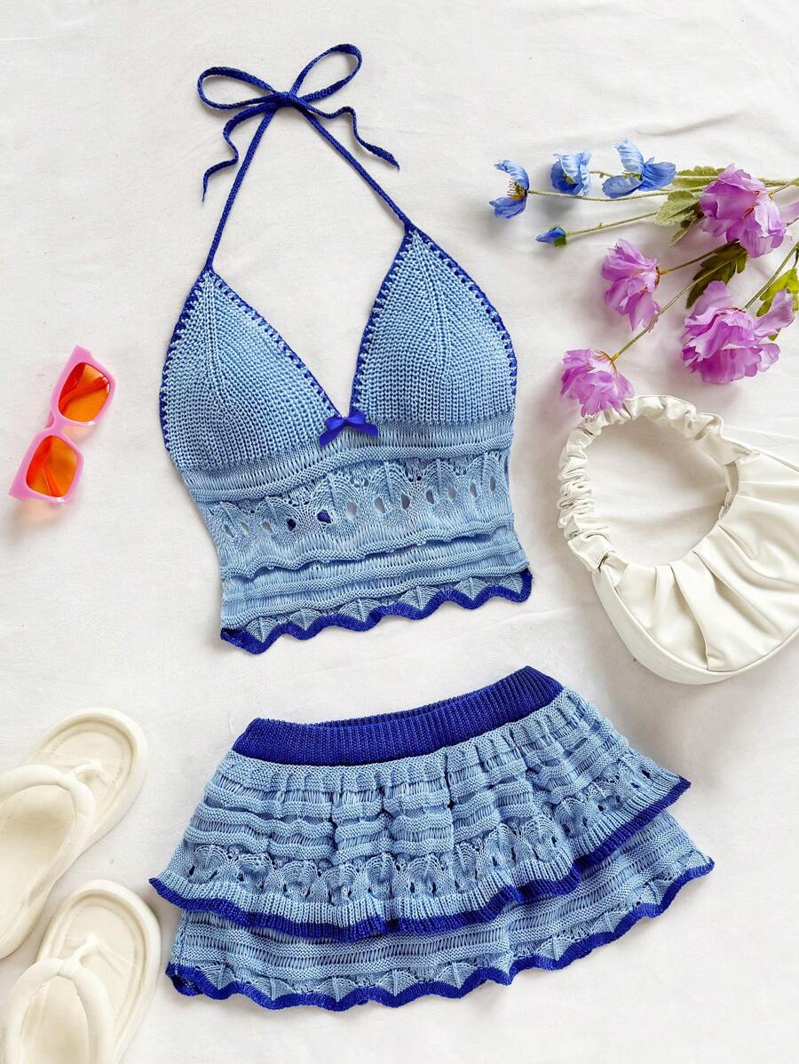 Soleia Women's Holiday Casual Contrast Trim Backless Halter Top And Mini Skirt 2 Pieces Set Beach Vacation Outfits Spring Summer Outfits For Women West Music Festival Bohemia Boho Beach Outfits For Woman Set Summer Two Pieces Set Vacation