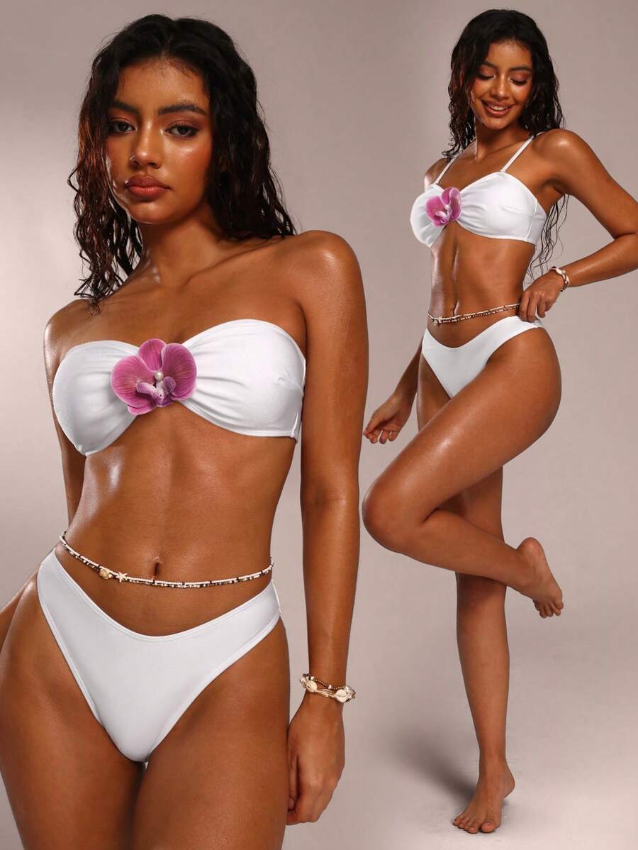 SHEIN Forever 21 Summer Women/Beach/Vacation/Cruise/Flower-Decorated White Bikini Two-Piece Set
