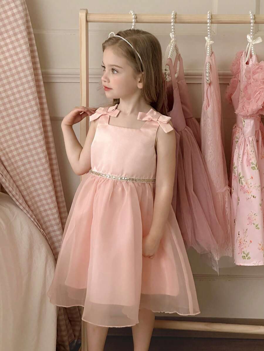 SHEIN Vestido sin mangas elegante y con decoración de lazos rosados para niñas jóvenes