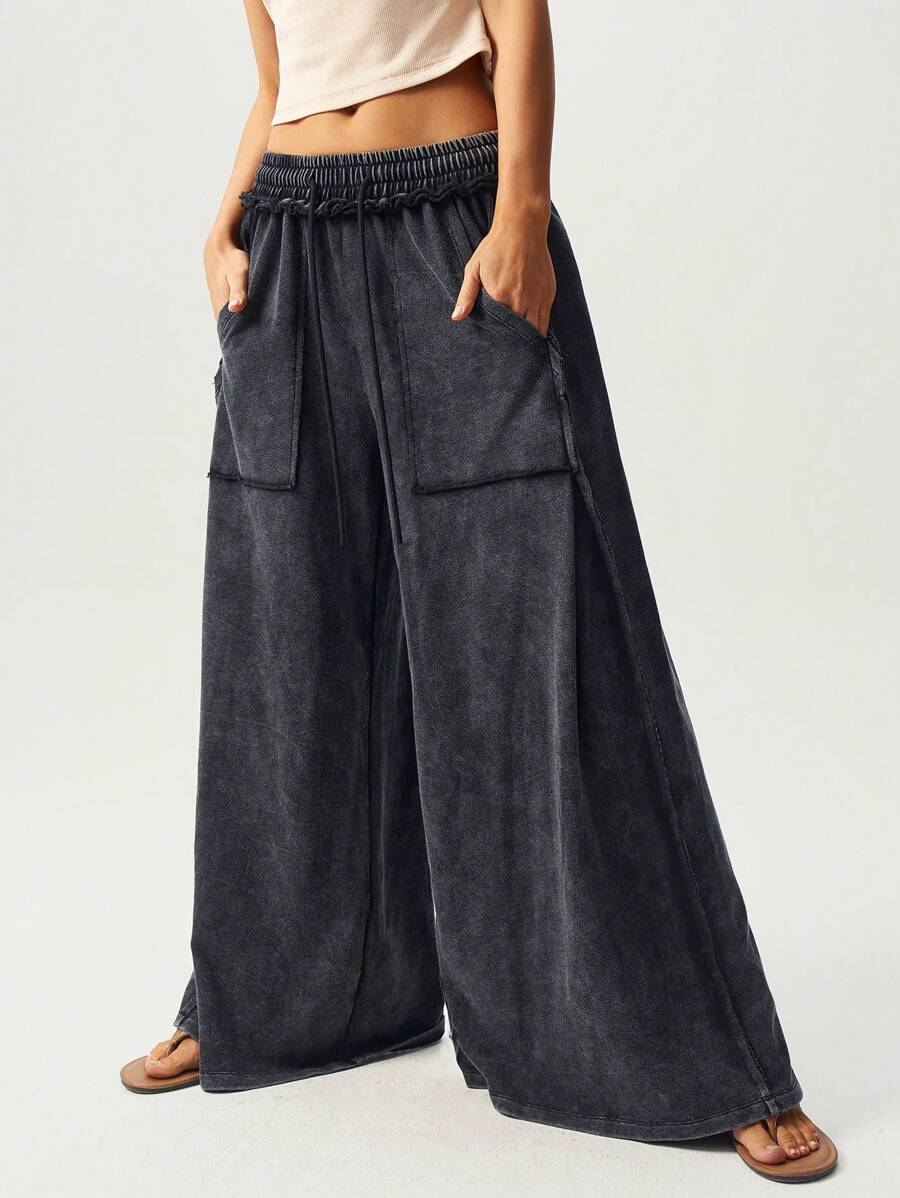 Bohemela Pantaloni ampi casual in stile boho, lavorati a maglia, con motivo a fiocco di neve e patch, colore unito, lavati, larghi e ampi per le donne