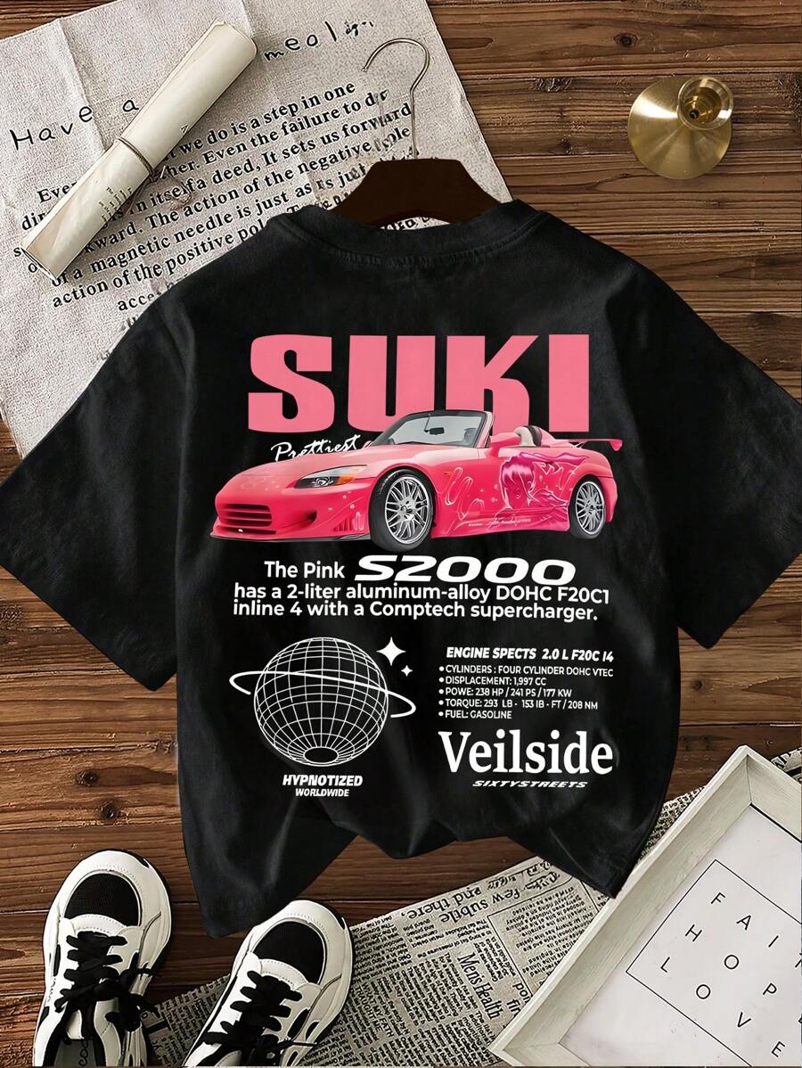Glissea Camiseta de manga corta con cuello redondo, estampado de eslogan y coche, de estilo casual para mujer