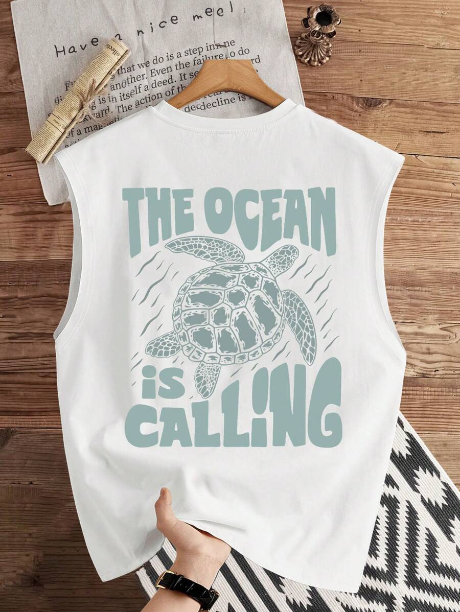 Manfinity Joysei Camiseta de tirantes con estampado de tortuga marina "Llamada del océano" para hombre talla grande, apta para el verano