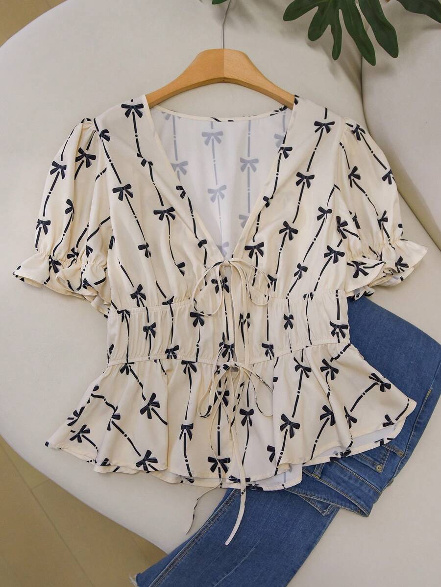 CosyJoli Plus Size Women's Summer Bow Print Front Tie Short Puff Sleeve Shirt