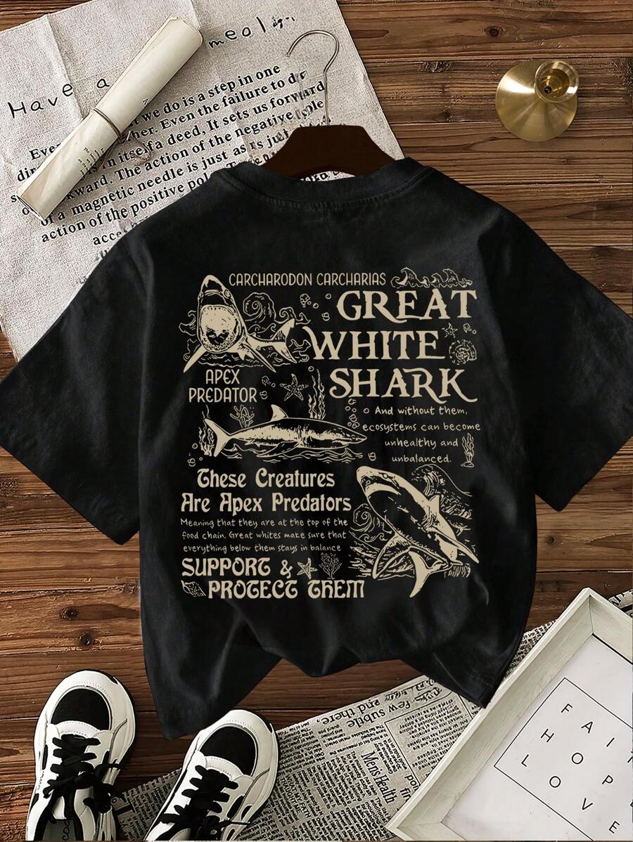 INAWLY Women's Casual Round Neck Short Sleeve Slogan & Shark Print T-Shirt