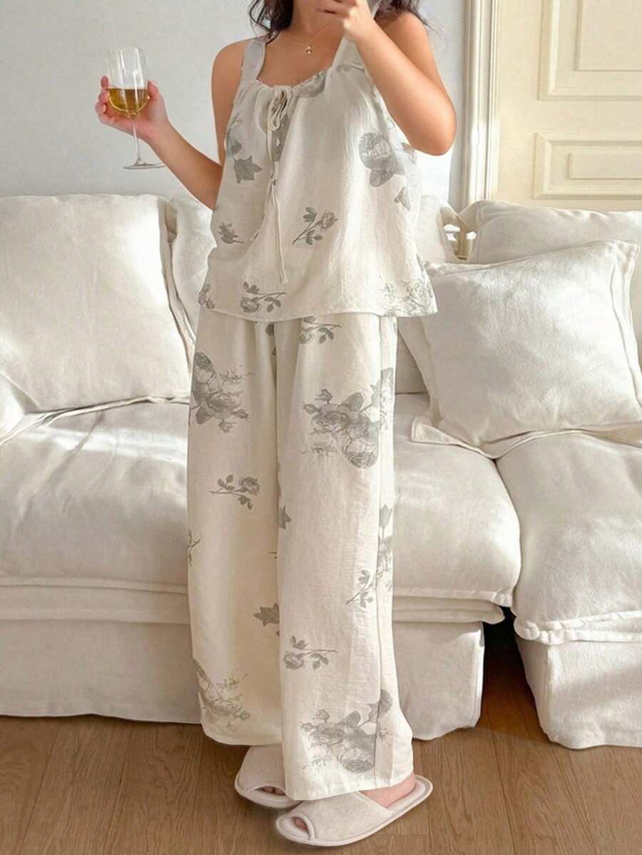 Dazy Plus Plus Size All-Over Floral Print Loose Camisole Top And Pants Home Pajama Set, Back To School Clothes