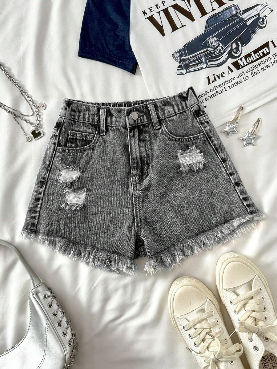 SHEIN Tween Girl Y2K Casual Spring Summer Boho Ripped Raw Hem Denim Jeans Shorts, Summer, Kid Spring And Summer Casual Vacation Country Boho Wear, Beach For Kid Girls, Western Street Wear For Girl, Spring Break, Rave Festival Denim Shorts
