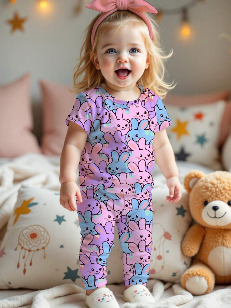 SHEIN Baby Mädchen süßes Cartoon Kaninchen Muster Lässige einfache eng anliegende Rundhals Kurzarm Hose Loungewear, passend für den Sommer