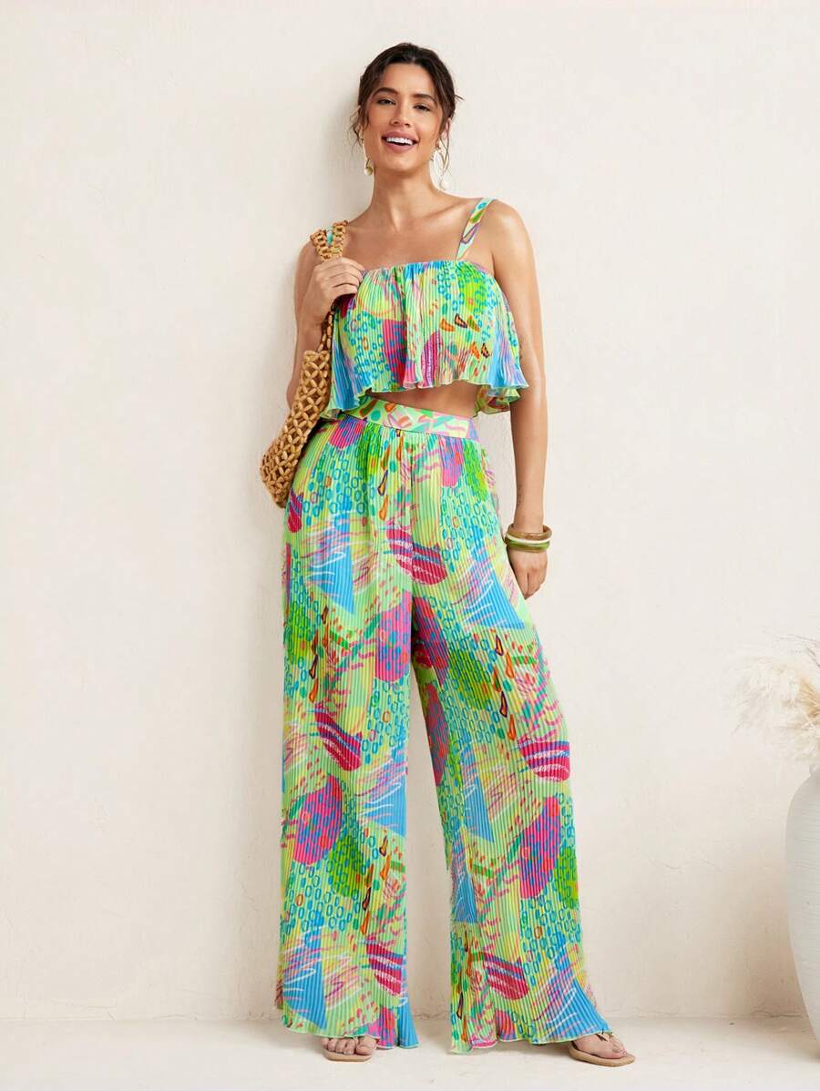 Sire Leo Lamar Chiffon Pastel Doodle Print Micro-Pleated Cami With Wide Straps Crop Top