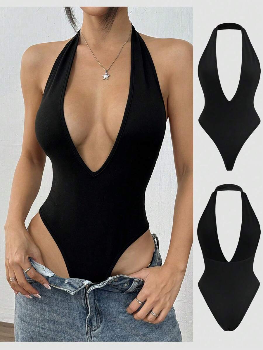SHEIN Tall Women's Deep V-Neck Backless Skin-Tight Halter Bodysuit, High Stretch Soft Comfortable, Fashionable Minimalist Casual Sexy Outfit For Vacation & Daily Wear, Spring/Summer, Tall/Plus Size
