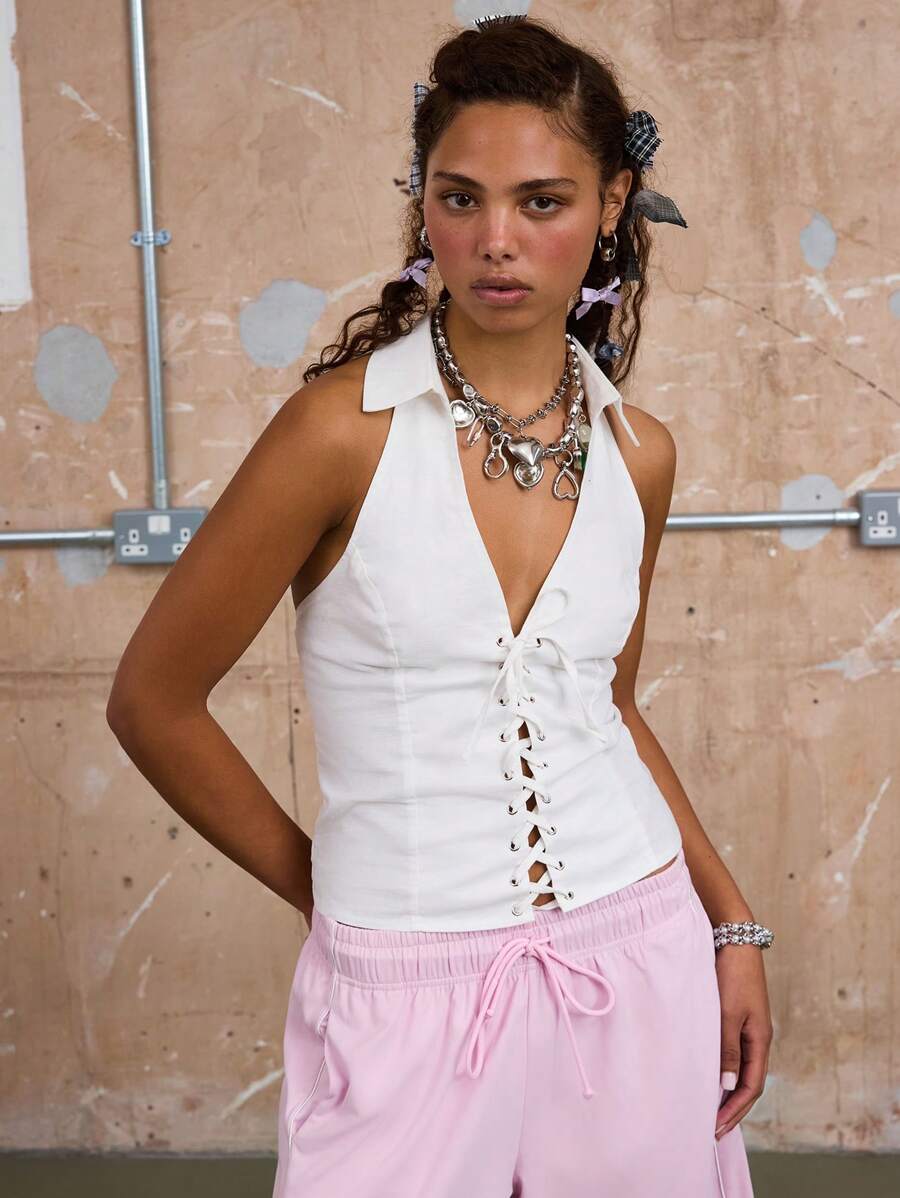 COUREZ Canottiera con lacci, top di lino estivo per donna, outfit estivi casual, abbigliamento da uscita, stile vintage Y2K