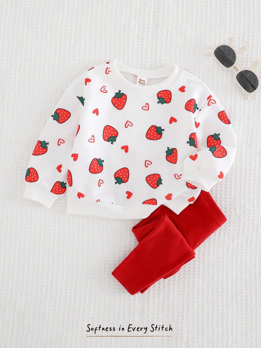 Cozy Pixies Baby Girl Valentine's Day Ladybug & Flower Pattern Knitted Soft Round Neck Long Sleeve Sweatshirt And Elastic Waist Leggings 2 Pieces Set