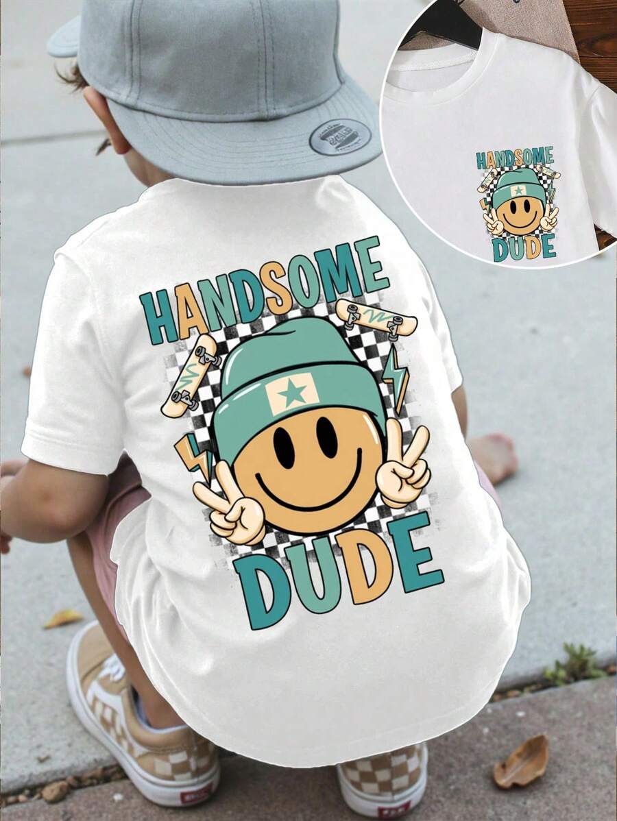 GraphicGems Young Boy Casual Fashion Creative Checkerboard, Face & Letter, Skateboard Graphic Print Short Sleeve Round Neck T-Shirt, Suitable For Daily Wear, School And Outdoor Play In Summer