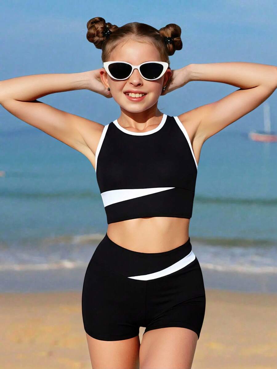 Ensemble de maillot de bain tankini à col rond volant pour préadolescentes