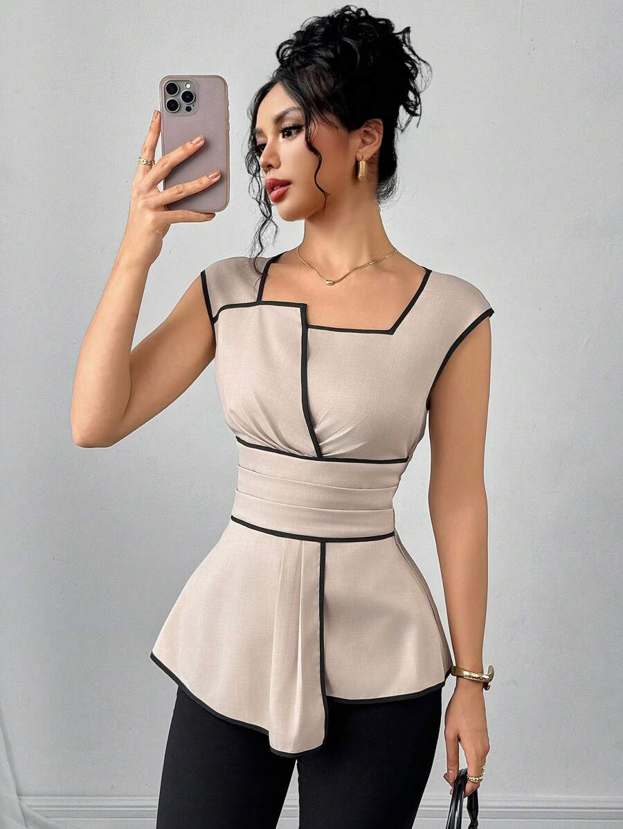 SHEIN Clasi Women's Contrast Color Trim Square Collar Waist Fitted Elegant Blouse, Summer Business Casual Woman Work Clothes Women Office Outfits For Women Business Casual Business Women Attire Professional Women Clothes Graduation Dress Woman Clothes Teacher Clothes Airport Summer Honeymoon Woman For Women Boho