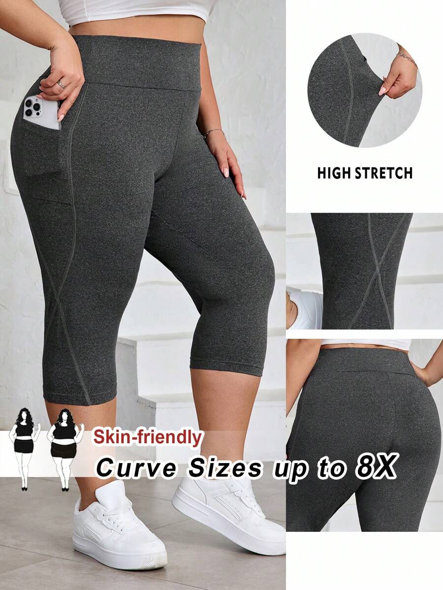 SHEIN CURVE+ Collant alla moda e casual di colore grigio scuro di taglia oversize con tasche/t-shirt con grafiche per donna