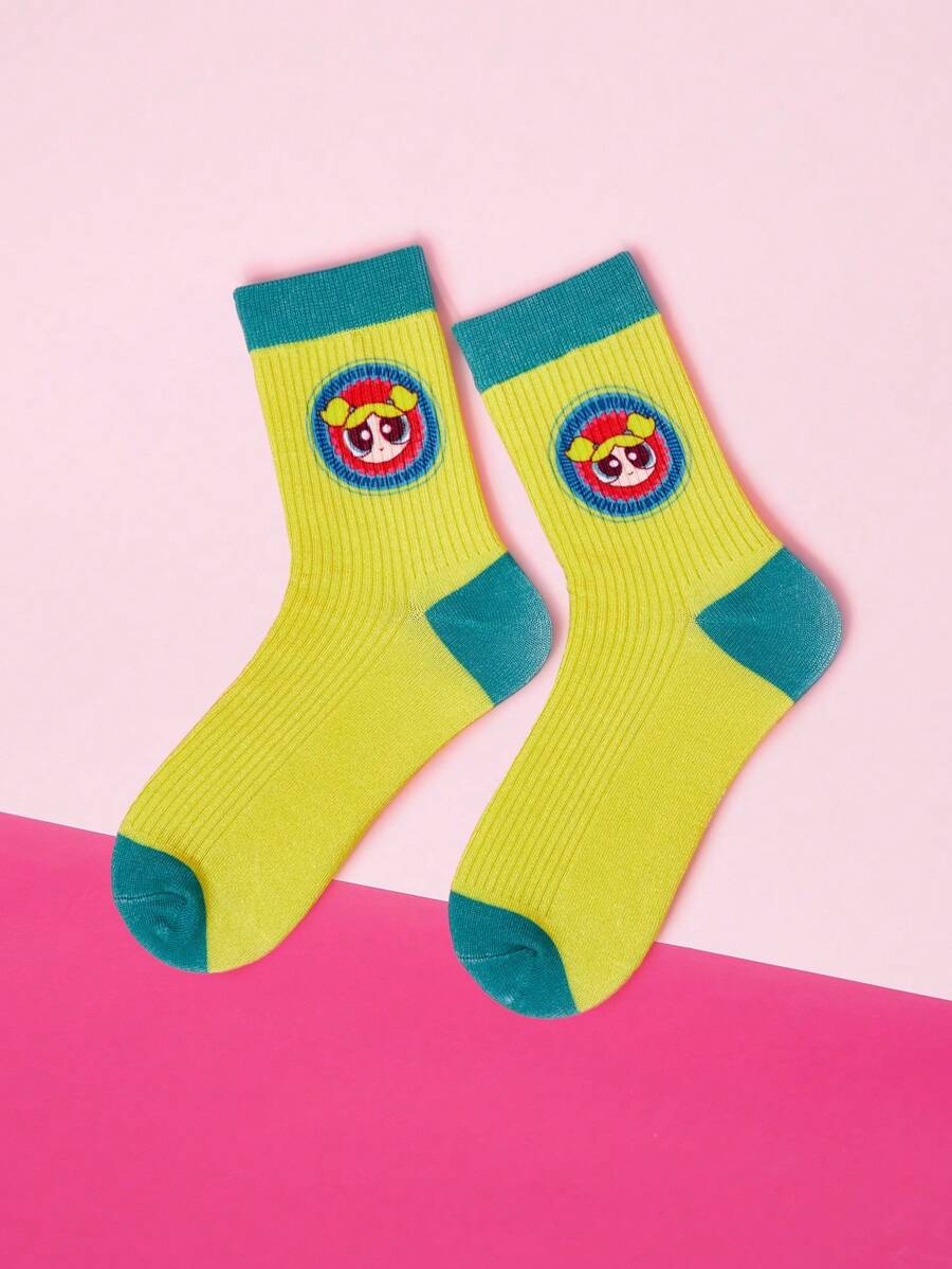 THE POWERPUFF GIRLS X SHEIN Chaussettes d'équipe colorées et mignons motif bulles à la mode