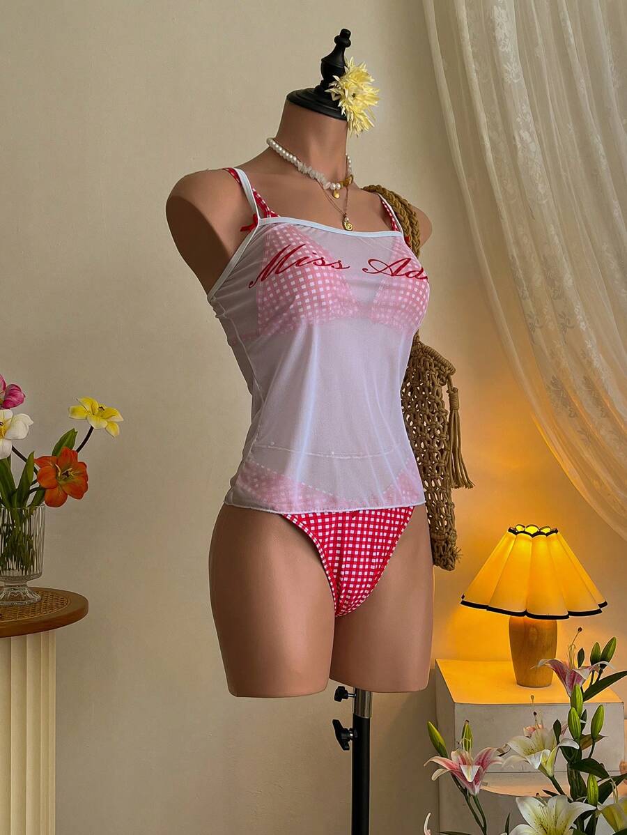 SHEIN MOD 3pcs/Set Sexy Triangular Bikini With Sheer Net, Swimsuit Set