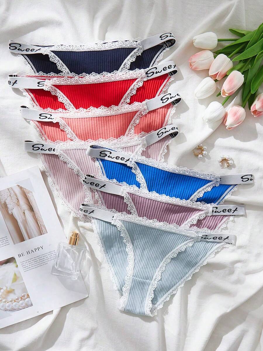 Shein Underwear&Sleepwear Basics 7pack Letter Tape Lace Trim Ribbed Knit Panty Sports
