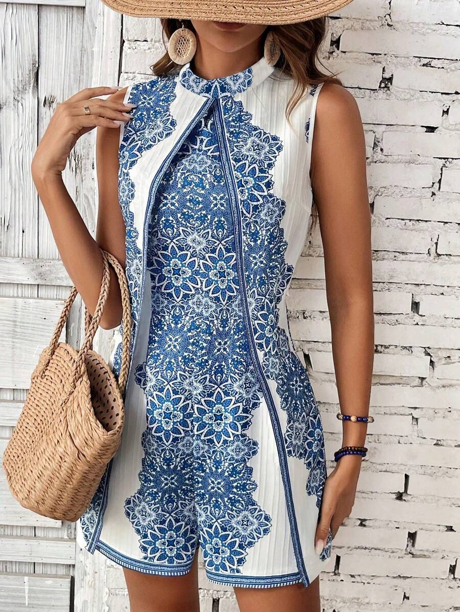 Chiquease Women's Floral Printed Sleeveless Jumpsuit For Holiday And Leisure
