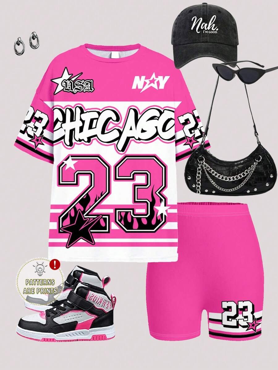 2pcs Vintage Sport "Cool Girl" Floral And Number 23 Print Set, Casual Short Sleeve T-Shirt & Shorts For Tweens, Summer