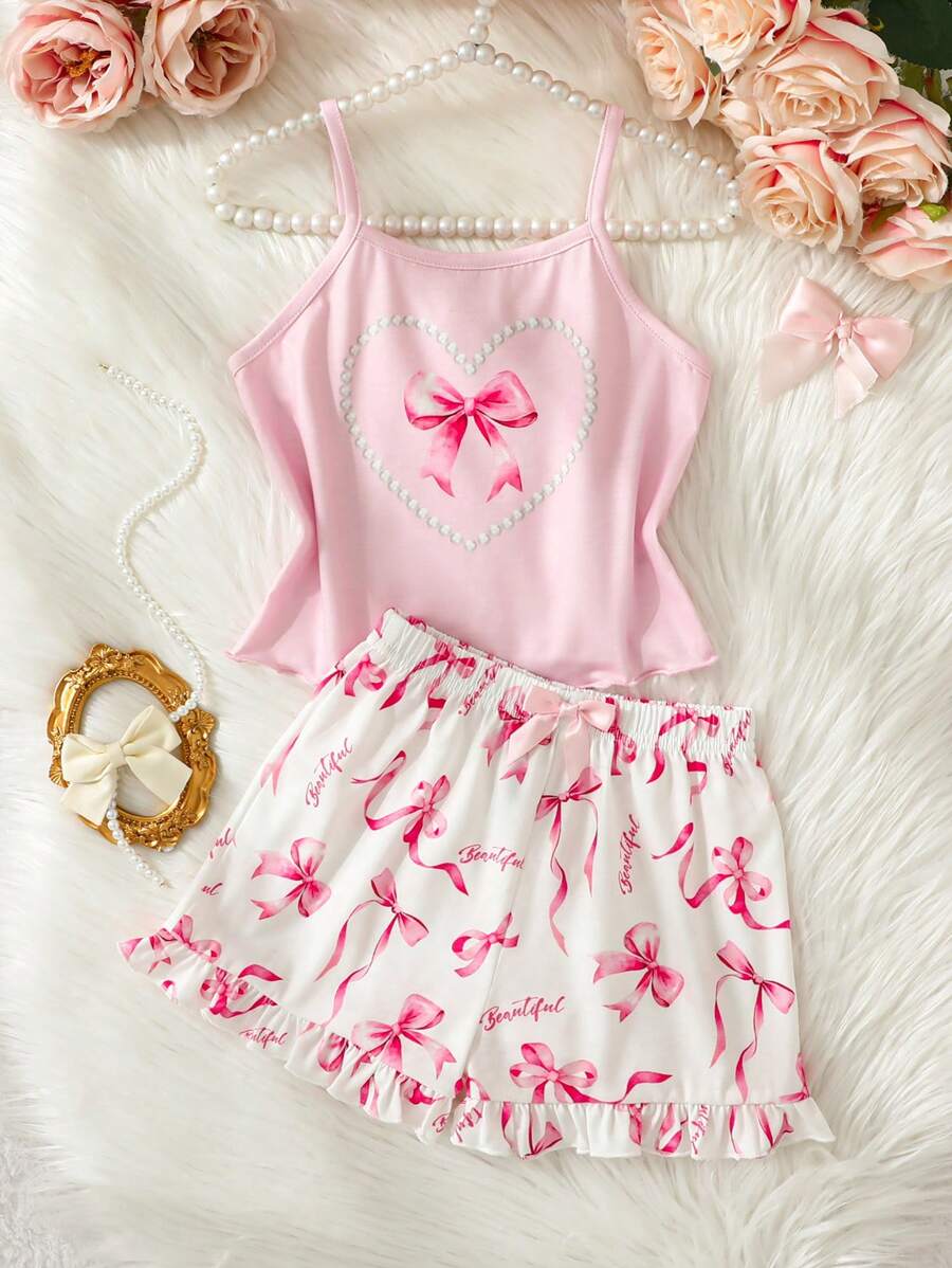 SHEIN Juego de prendas de dormir casuales de verano para niña de 2 piezas con short con tirantes y decoración de lazo