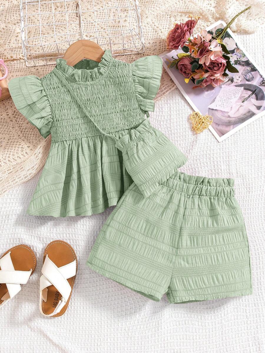 SHEIN 2pcs Set: Young Girl V-Neck Pleated Pullover Sweater & Loose Shorts, Plus Diagonal Crossbody Bag