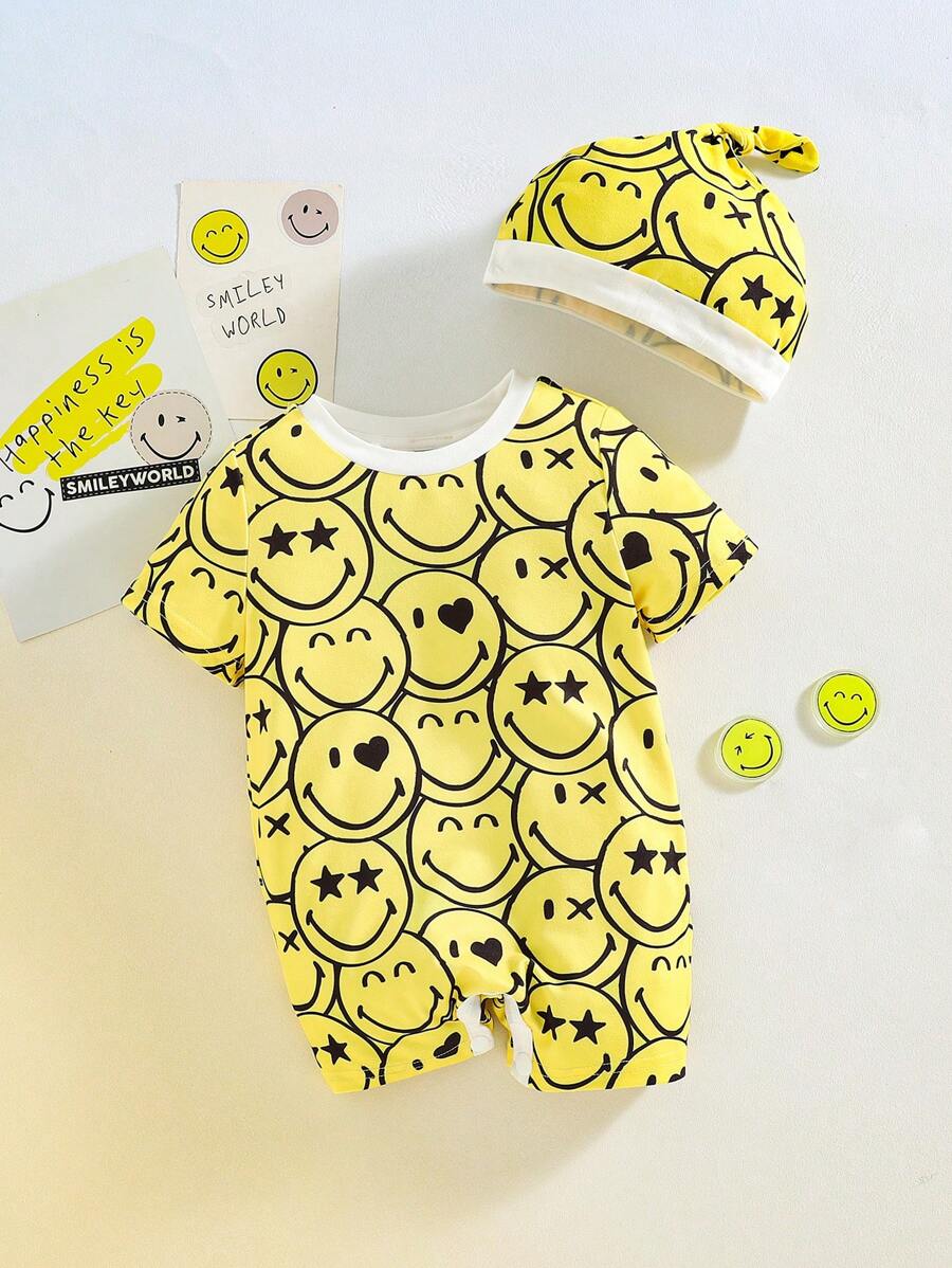 SmileyWorld® | SHEIN Baby Boy Cartoon Smiling Face Pattern Yellow Cute Playful Hooded Romper Set