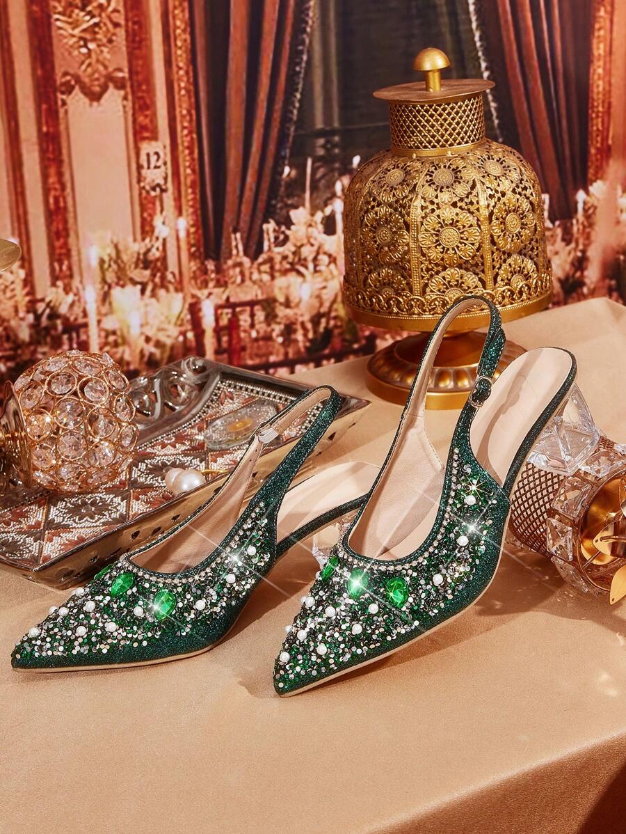 CUCCOO CURVES Women's Fashion Crystal Heel, Glitter Silver Ladies High Heel Peep Toe Slingback Shoes, Suitable For Outings, Banquets, Parties And Other Events
