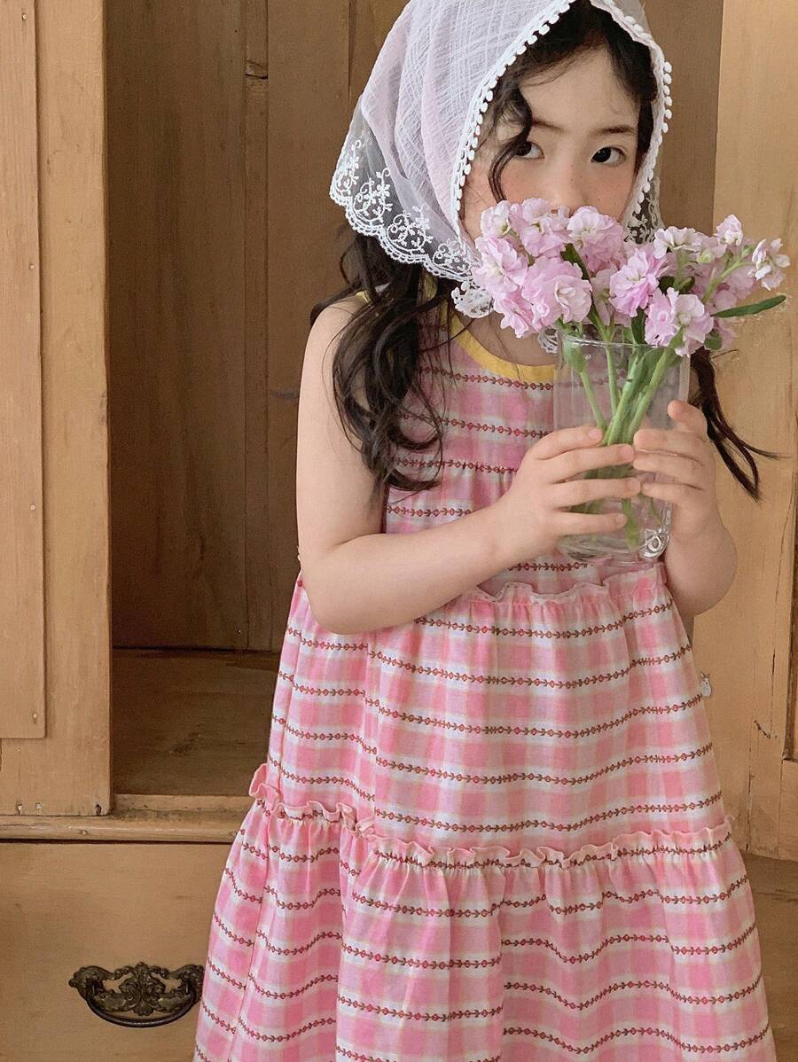 DAZY Vestido casual de niña joven con cuello redondo, sin mangas, con volantes en el bajo y rayas de verano