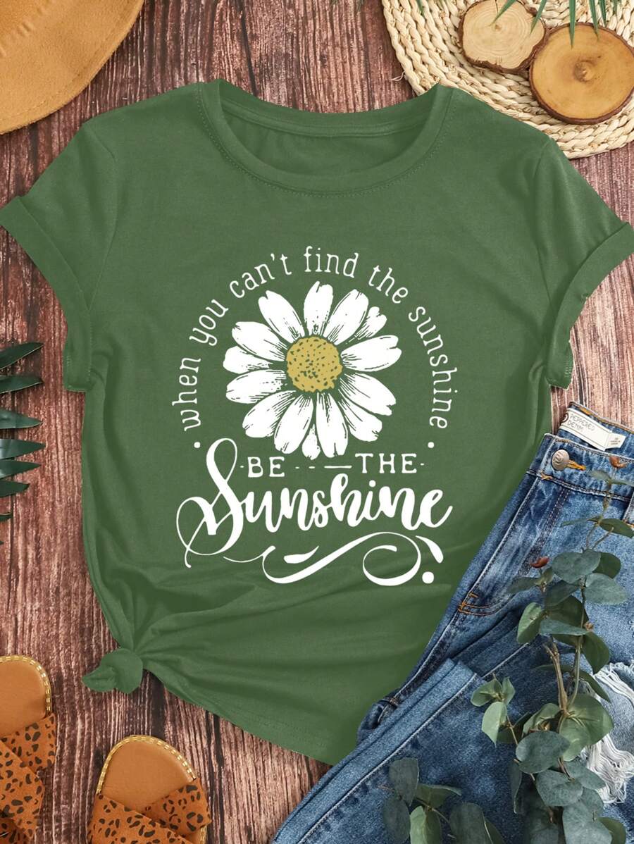 Camiseta de verano de cuello redondo con estampado de crisantemo y letras en inglés para mujer de talla grande
