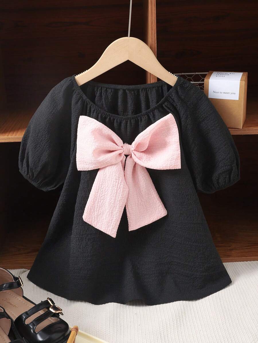 SHEIN Lockere, lässige Bluse mit Farbblock und übergroßer Schleife und Rundhalsausschnitt sowie Puffärmeln für Tween Mädchen