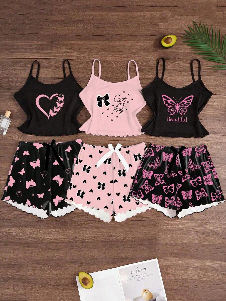 Dream Adore Set de 3 piezas de pijama con camiseta de tirantes y shorts con estampado de dibujos animados