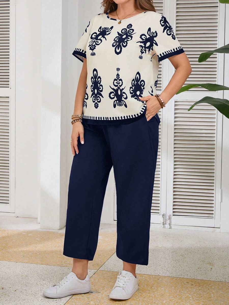 SHEIN LUNE Set casual da 2 pezzi, camicia a maniche corte con stampa floreale e pantaloni, taglie forti per donne