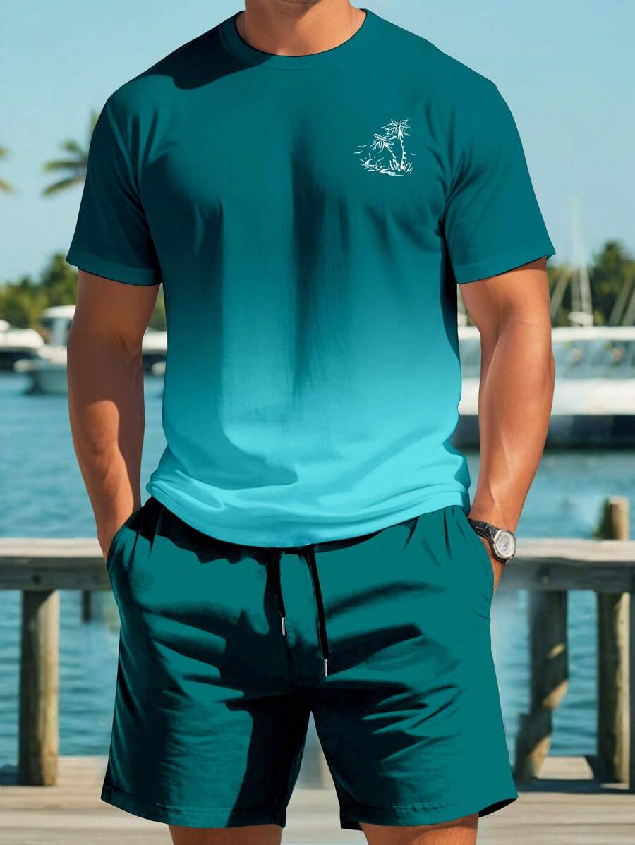 Manfinity RSRT Conjunto de camiseta de manga corta de cuello redondo y pantalón corto con cordón en la cintura con estampado de palmeras para hombre