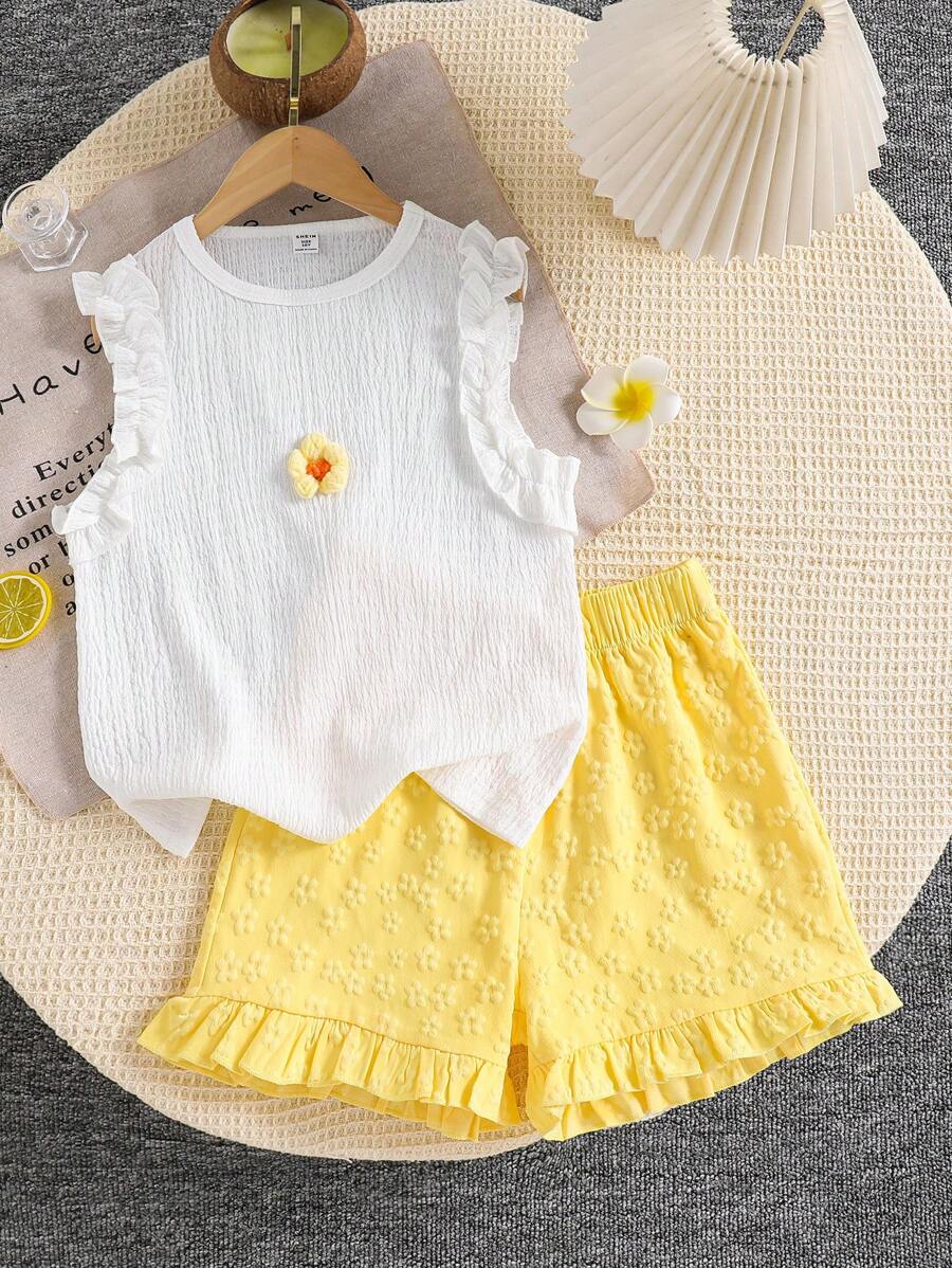 2 Stücke Outfit für Tween Mädchen, ärmelloses, kurzes Tanktop mit Jakobsmuschelbesatz und floralem Dekor vorne und Shorts-Set mit elastischer Taille und Jakobsmuschelbesatz, süßer, lässiger Sommer
