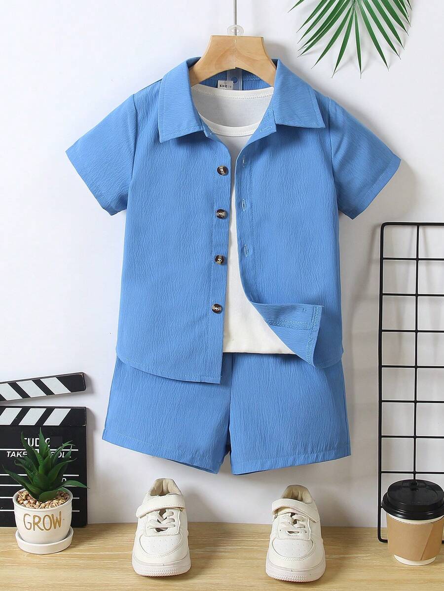 SHEIN 2 pezzi/set Camicia a maniche corte con bottoni davanti e pantaloncini corti per ragazzi giovani