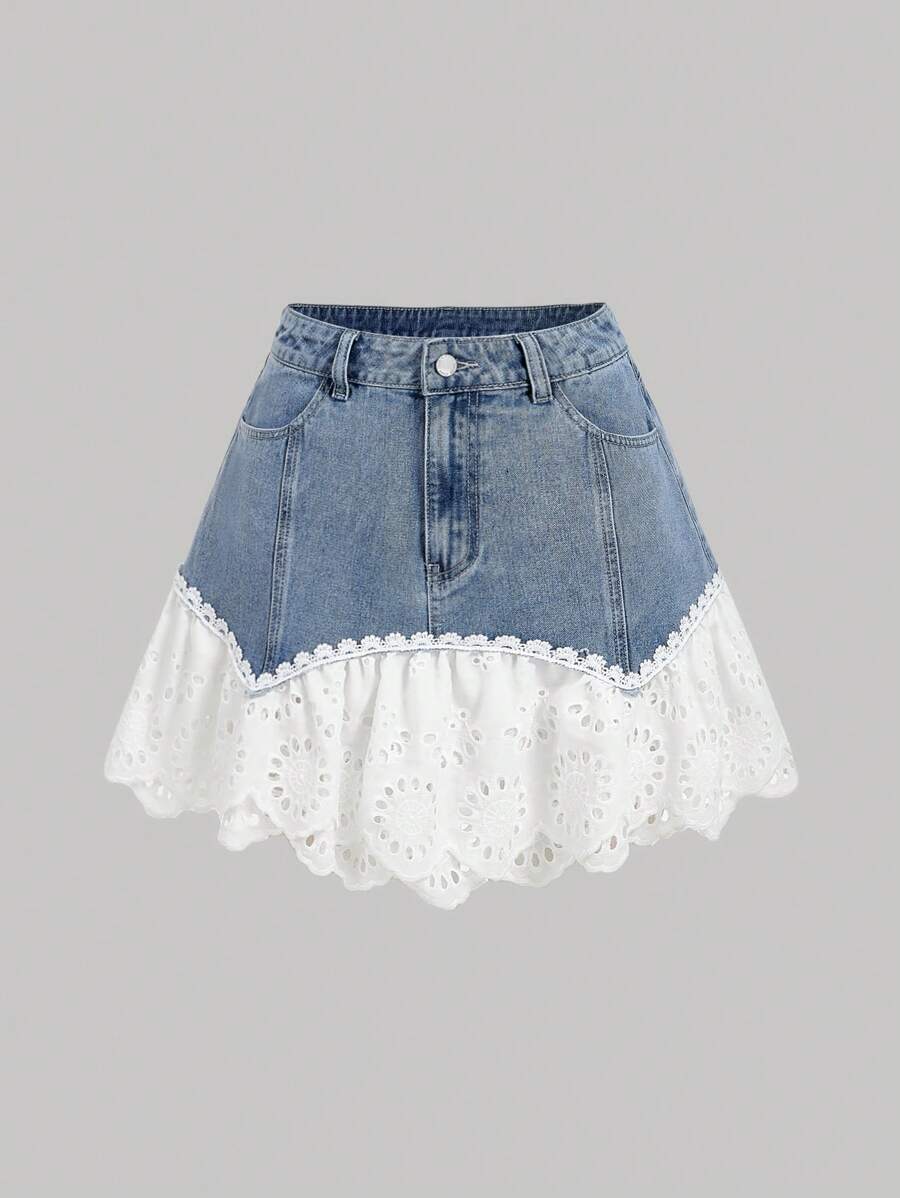 SHEIN MOD Jupe mini en jean à ourlet à volants avec broderie et maille contrastée pour femmes, style décontracté