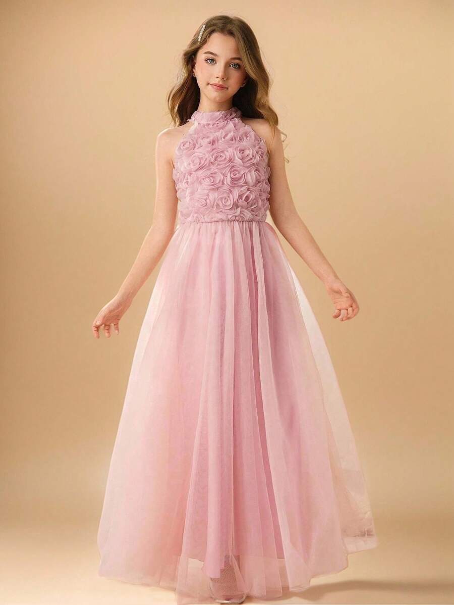 Vestido de niña de las flores, corte A y longitud midi, con aplicaciones florales y tul de malla, adecuado para boda, fiesta de cumpleaños, ceremonia