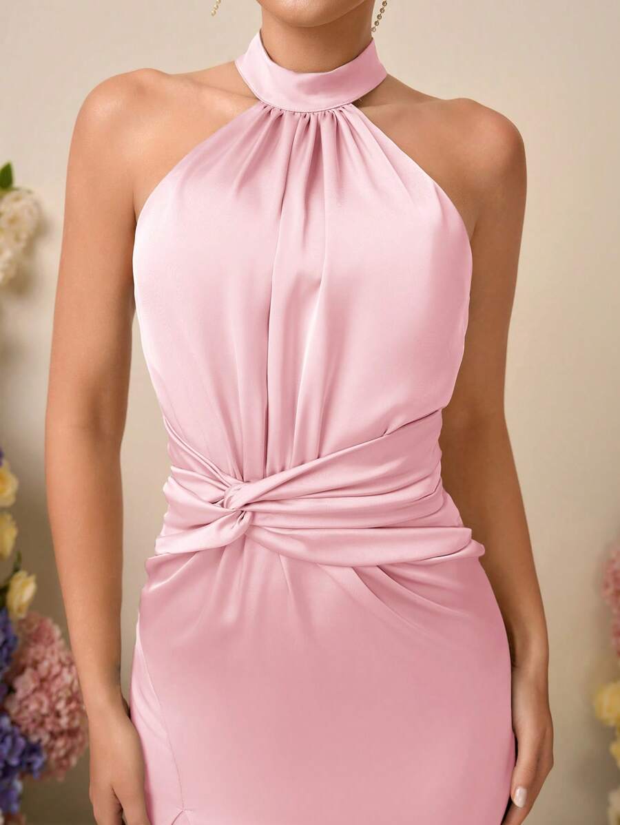 SHEIN Belle Elegante abito da sirena con collo alla francese in raso, arricciature, torsione, spacco alto e schiena scoperta, adatto per matrimoni, eventi, appuntamenti, damigelle d'onore