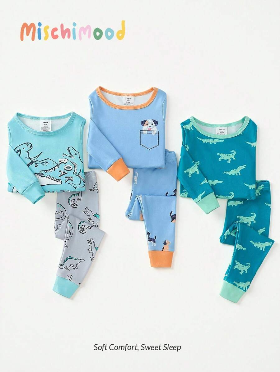 Snug Fit Toddler Boys Dinosaur And Dog Print Long Sleeve Top And Long Pants Pajama Set, Featuring Vibrant Colors And Detailed Designs, Casual And Fun Style Suitable For Young Children,Tight Fit Pajama Baby Sets Boys Toddler Pajama Sets
