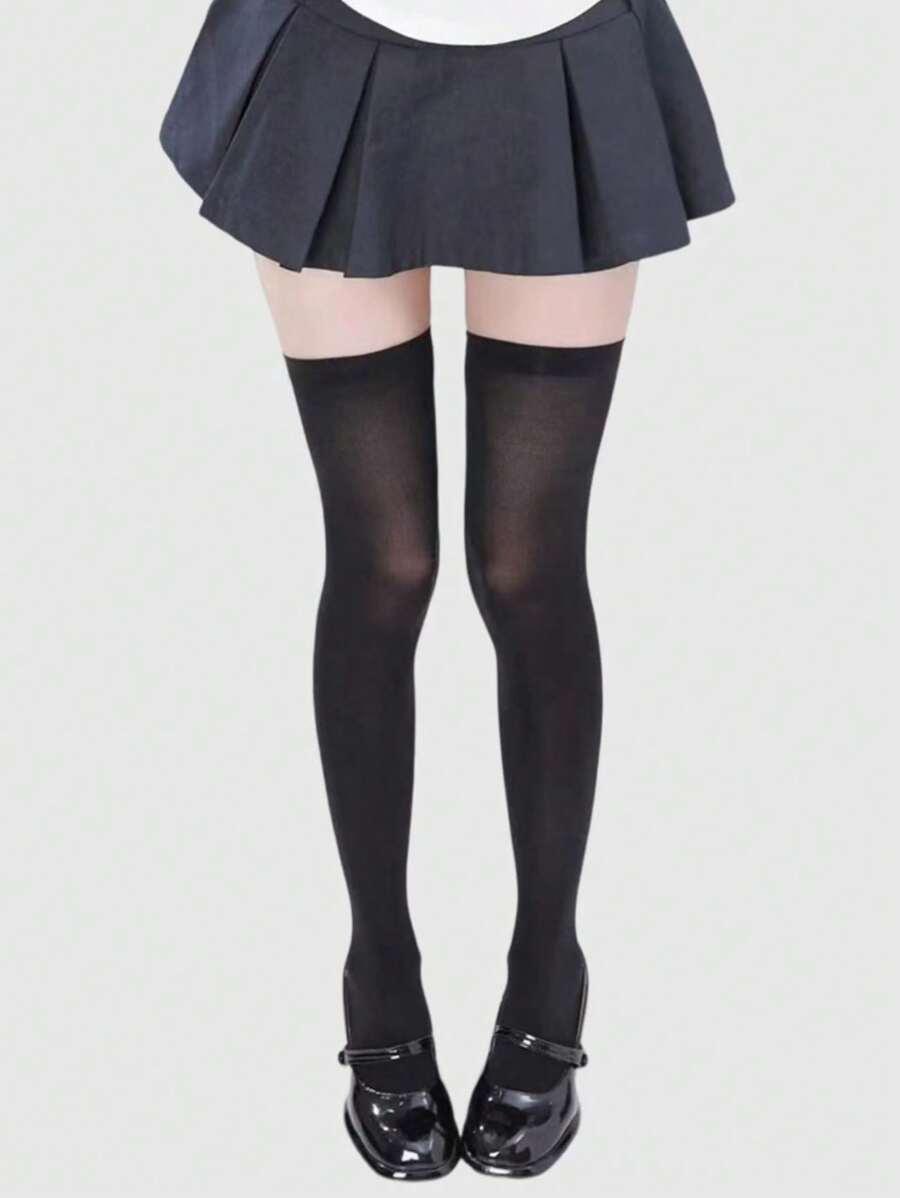 ROMWE Goth 1 Pair High Elasticity Black Thigh High Socks For Women