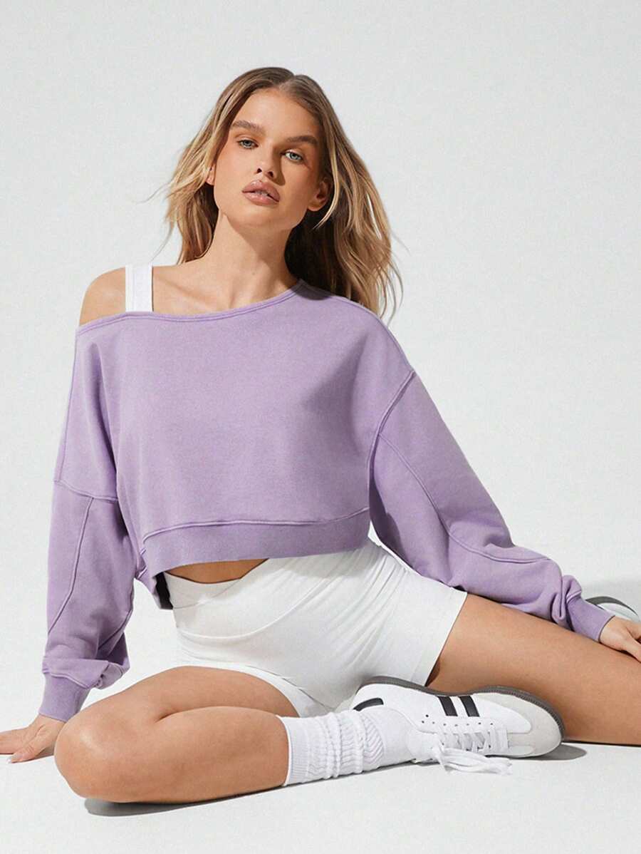 GLOWMODE Sanfte, hautfreundliche, verwaschen Crop Off-Shoulder Rippensaum Manschetten Sweatshirt, Alltags Lässig Kleidung
