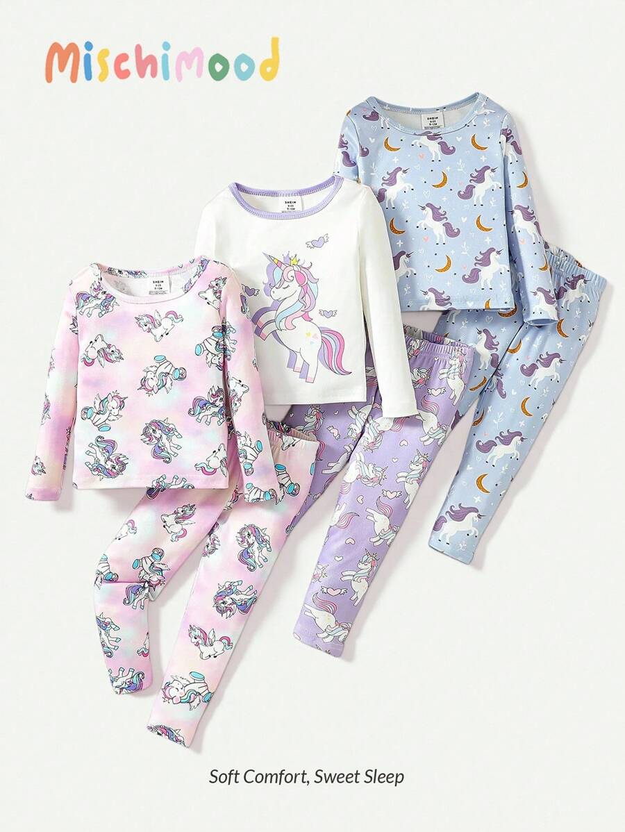 Eng anliegender Pyjama-Set für Baby Mädchen, Langarm T-Shirt und Leggings, mit niedlichem Einhorn Muster in lila, pink und blau Farben mit Regenbogen- und Sternenmotiven, erzeugt eine fröhliche und festliche Stimmung