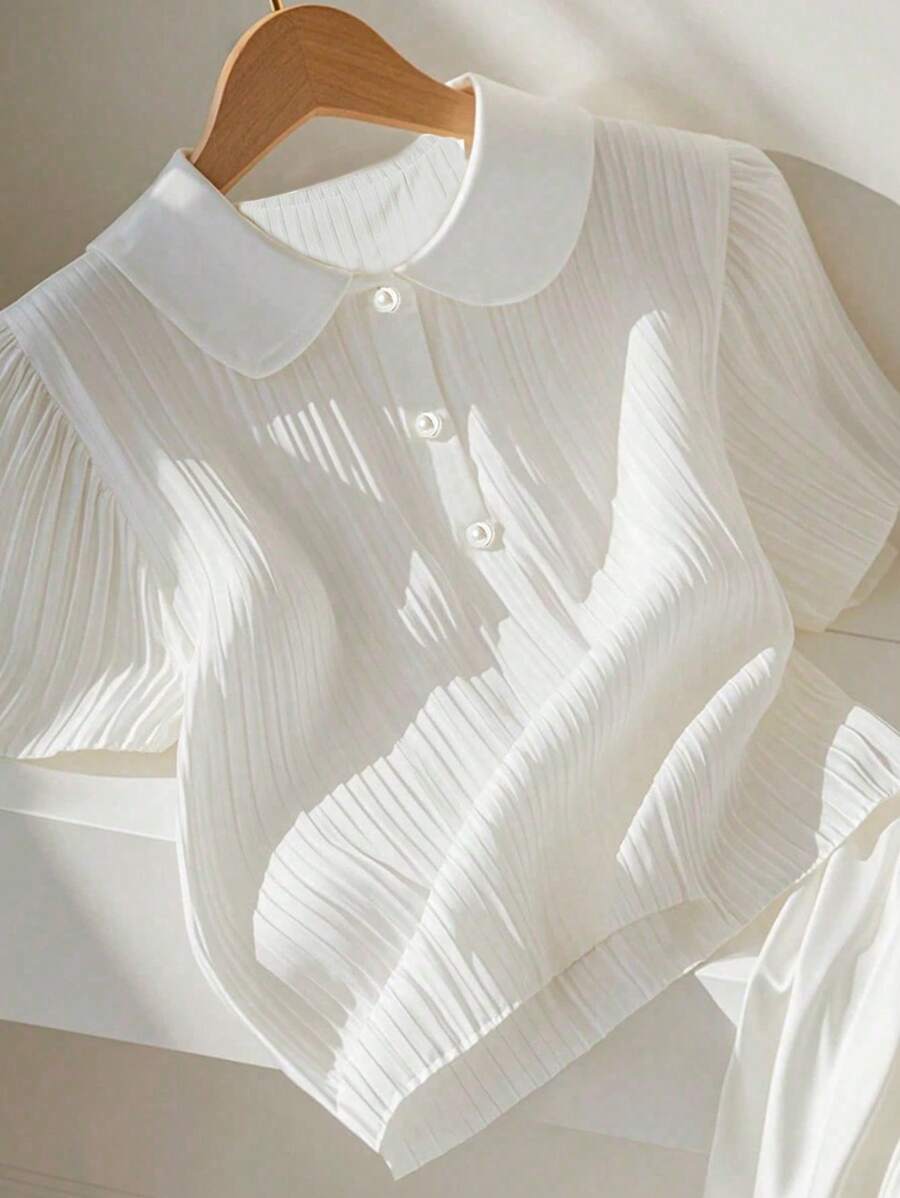 Franclia Fashionable And Casual Loose Lapel Half-Tube Pearl Button Short-Sleeved White Spring And Summer Women's T-Shirt