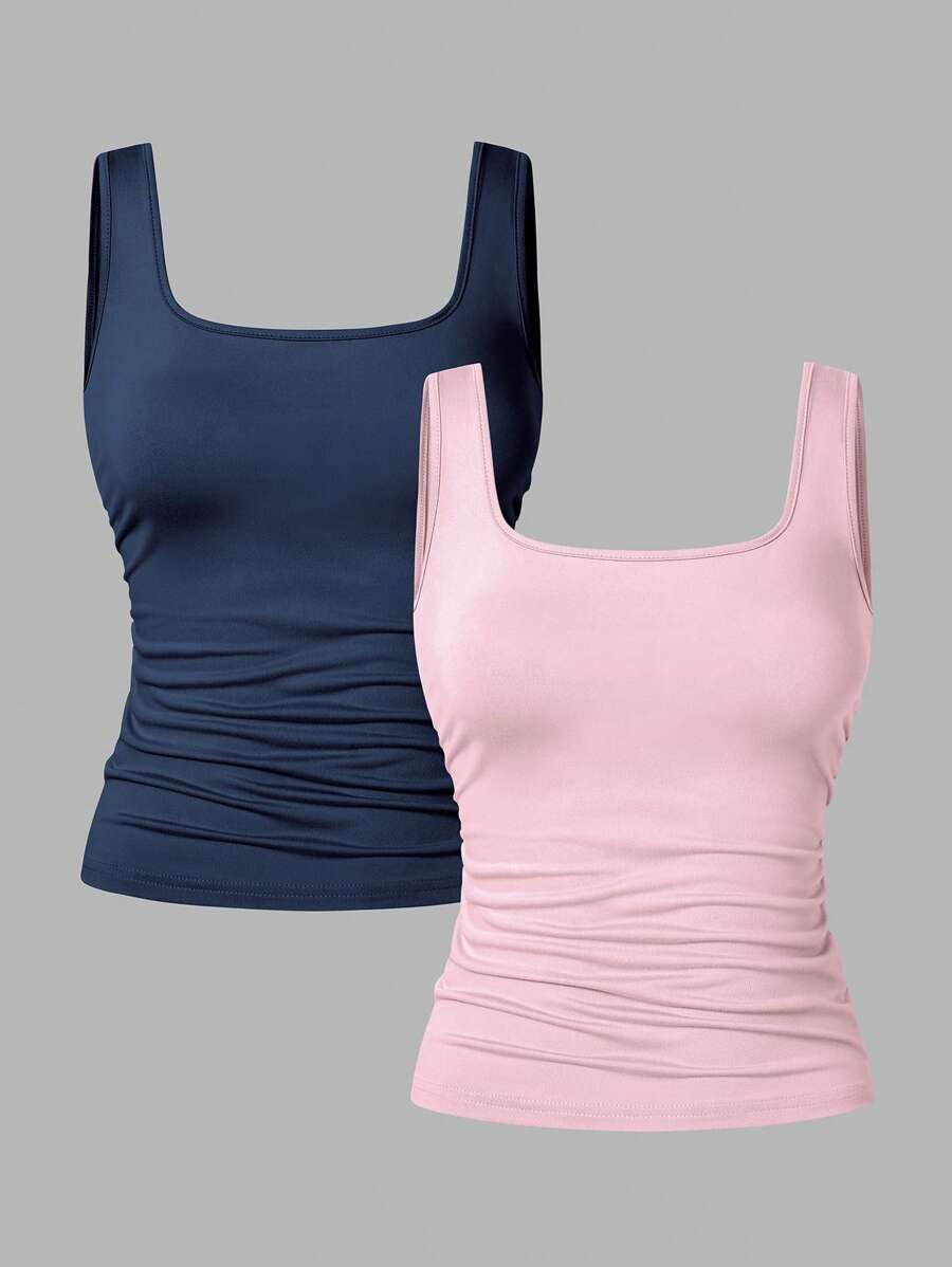 WESTFADE Young 2 pièces/set Basiques décontractés minimalistes pour adolescentes, Hauts de camisole ajustés à col carré froncés de couleur unie d'été, noir et blanc, couleurs classiques polyvalentes