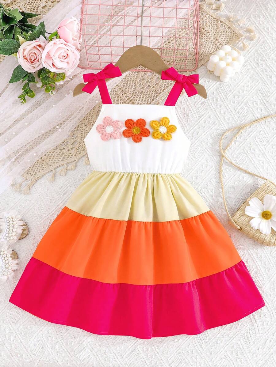 Young Girl' Cute Bowknot Floral Embroidery Patchwork Strap Dress, Suitable For Outdoor Vacation, Spring/Summer